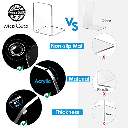 MaxGear Sujetalibros de acrílico transparente para estantes, sujetalibros antideslizantes, extremo de libro resistente, tapón de soporte para libros, películas, CDs/videojuegos (4 pares)