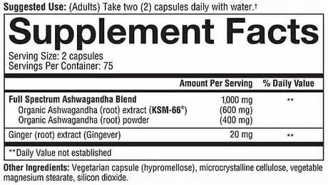 Suplementos de Ashwagandha KSM-66 Orgánico 150 Cápsulas 1000mg