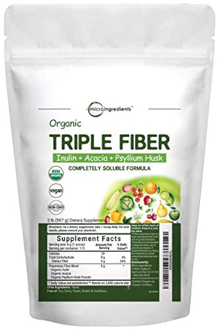 Suplemento orgánico triple de fibra dietética en polvo para la salud digestiva, 2 libras (32 onzas), todo natural, transparente, soluble en agua y libre de sabor, no transgénicos y veganos, 1