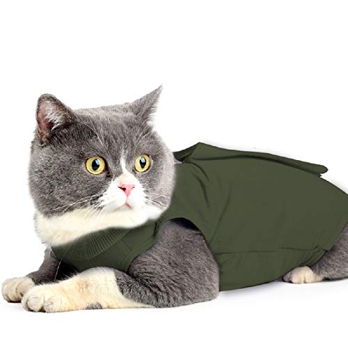 TRAJE de recuperación de cirugía de heridas de gato para heridas abdominales o enfermedades de la piel, uso después de la cirugía, traje de pijama, alternativa de cuello E para gatos (S, verde militar)