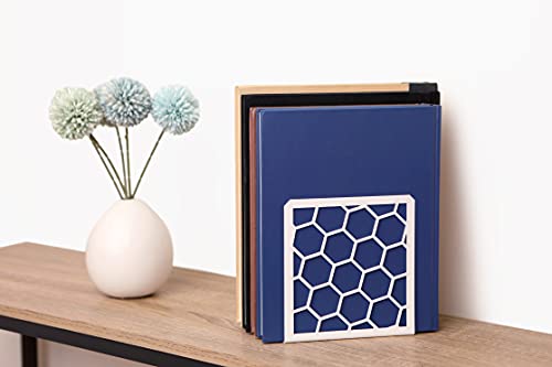 Sujetalibros geométricos de alta calidad con forma de panal de metal (blanco, 1 par) para estantes