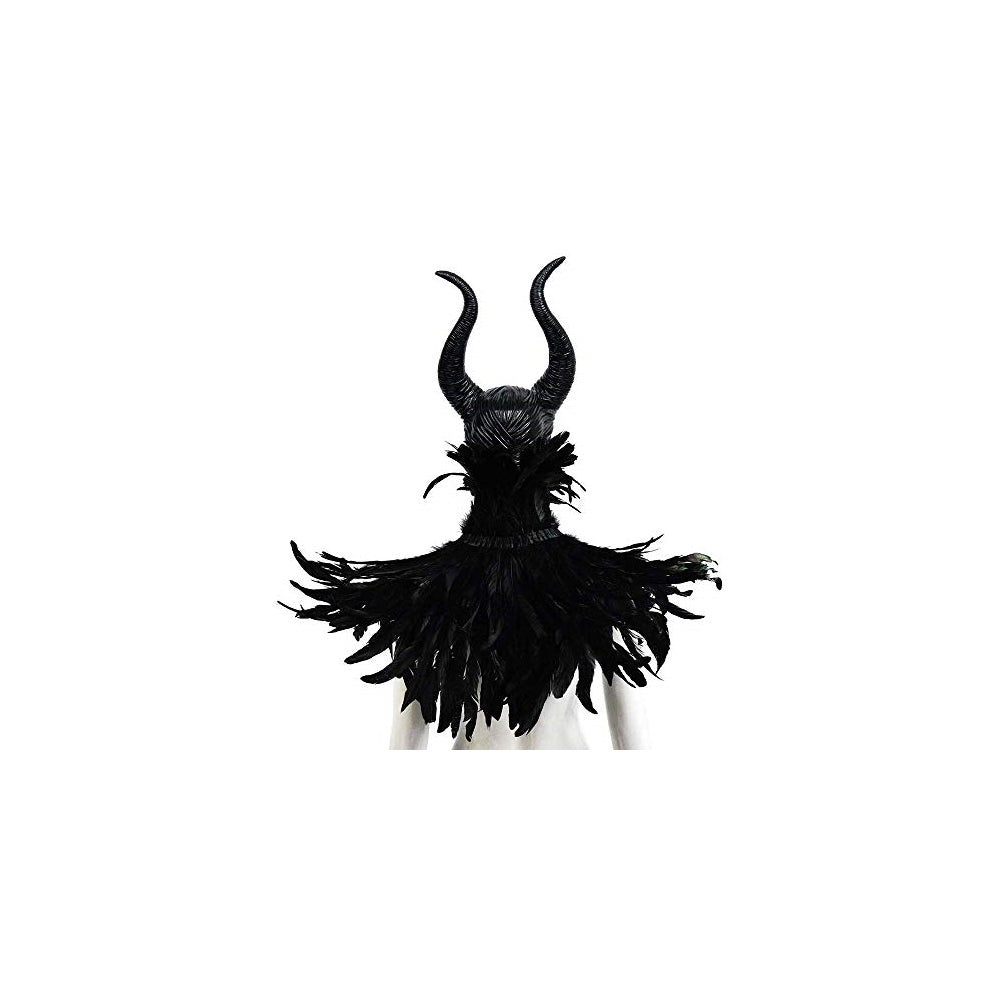 Disfraz chal gótico con plumas negras y cuernos Maleficent