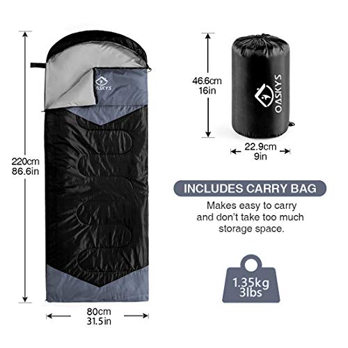 Oaskys - Saco de dormir para acampar, para 3 estaciones, clima cálido y fresco, verano, primavera, otoño, ligero, resistente al agua, para adultos y niños, equipo de campamento, viajes y al aire libre.
