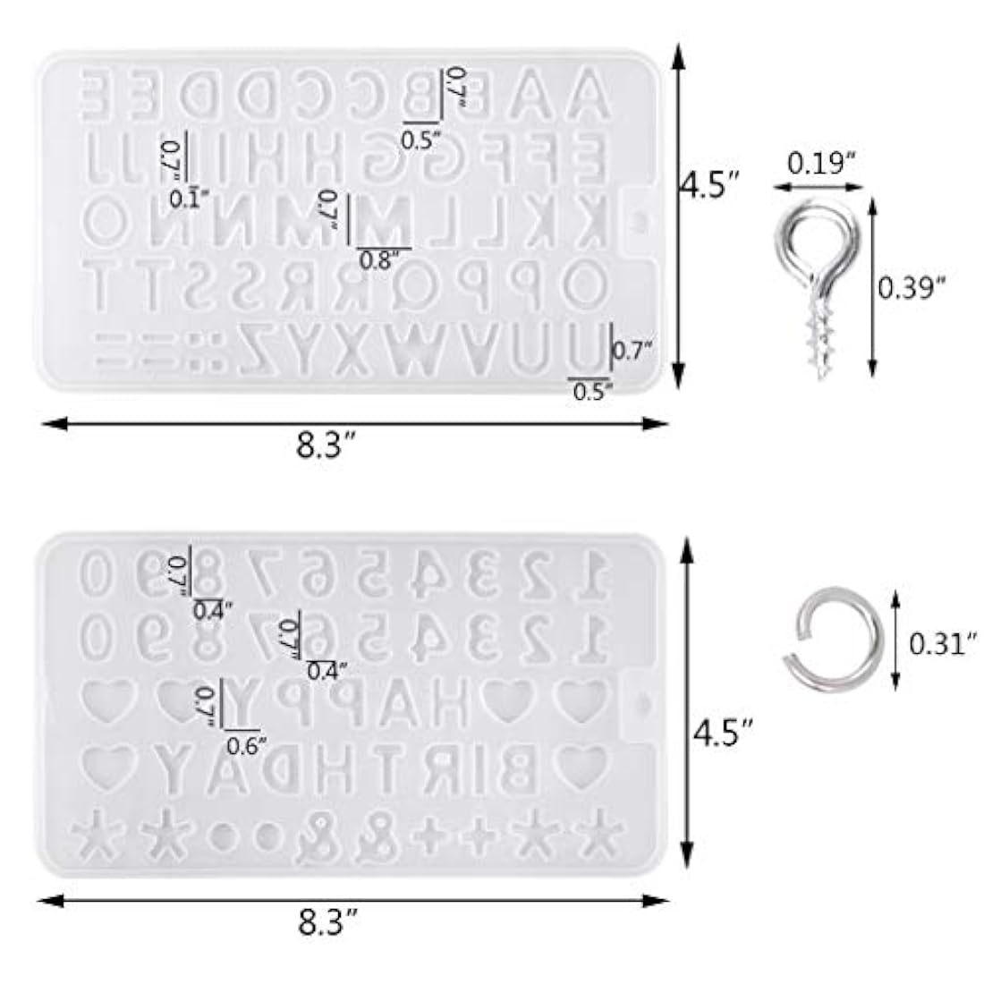 Bskifnn 402 moldes pequeños de silicona para letras, para manualidades, molde de resina de silicona con 400 piezas de alfileres de tornillo para hacer llaveros, colgantes, collares, pendientes