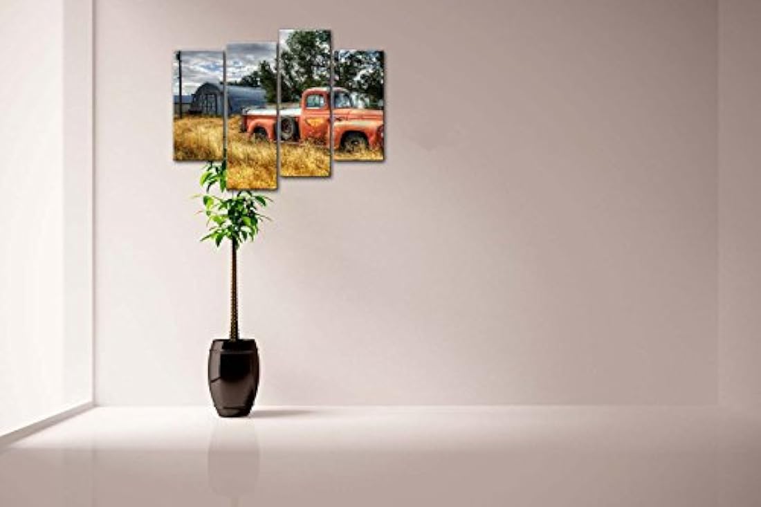 Cuadro de pared de coche de camión antiguo en rojo y árboles