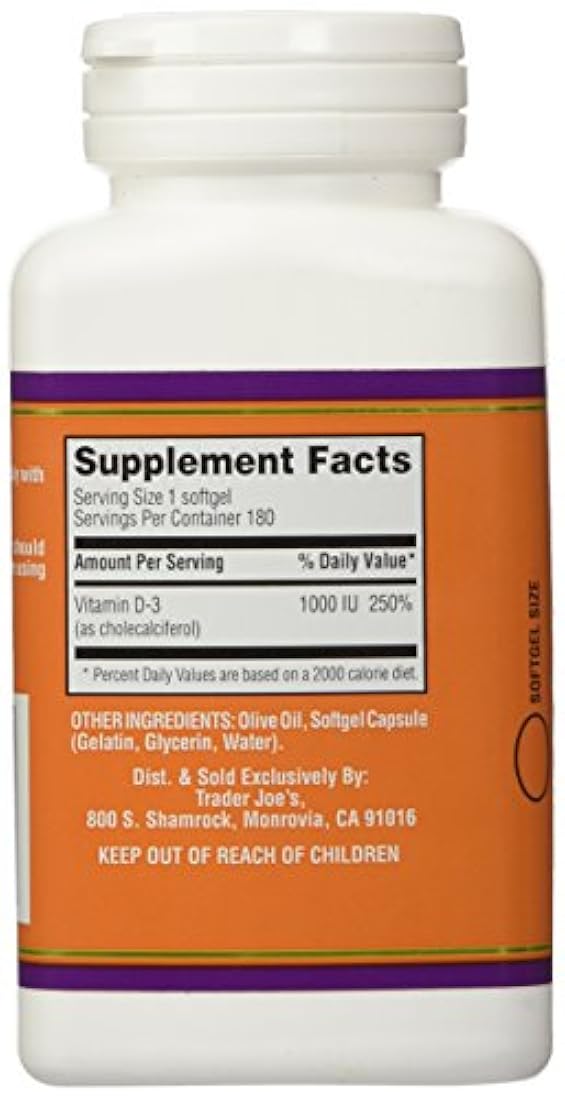 Trader Joe's Vitamina D-3 1000iu, 180 cápsulas blandas