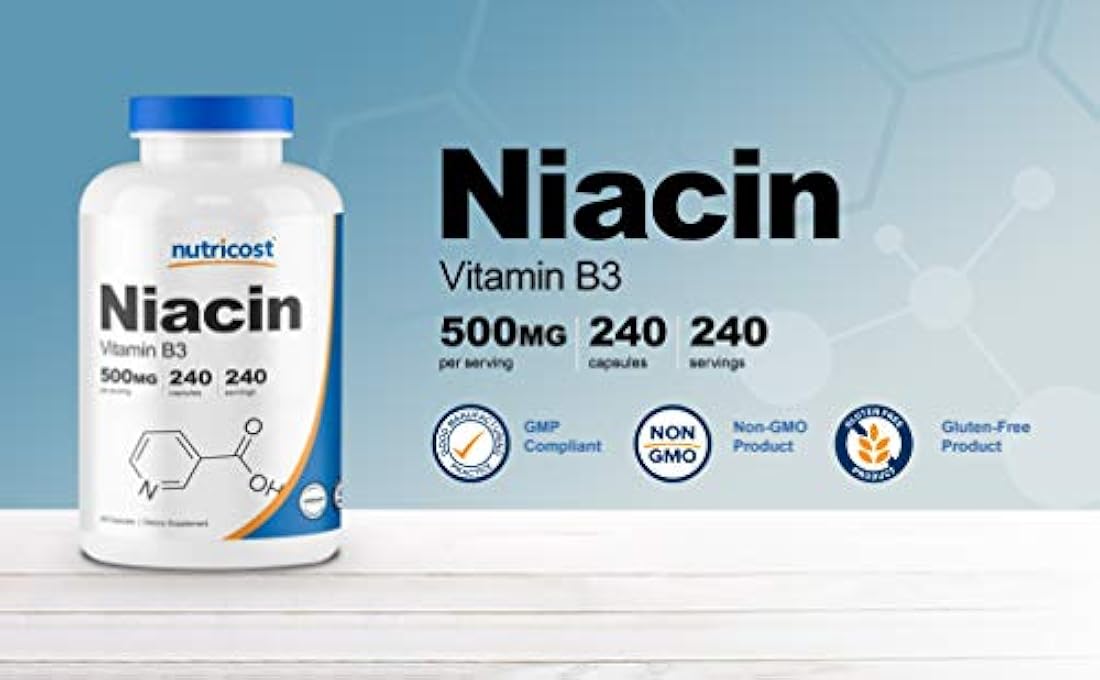 Suplemento Nutricost Niacina de vitamina B3, 0,018 oz, en 240 cápsulas, 1 botella, 1