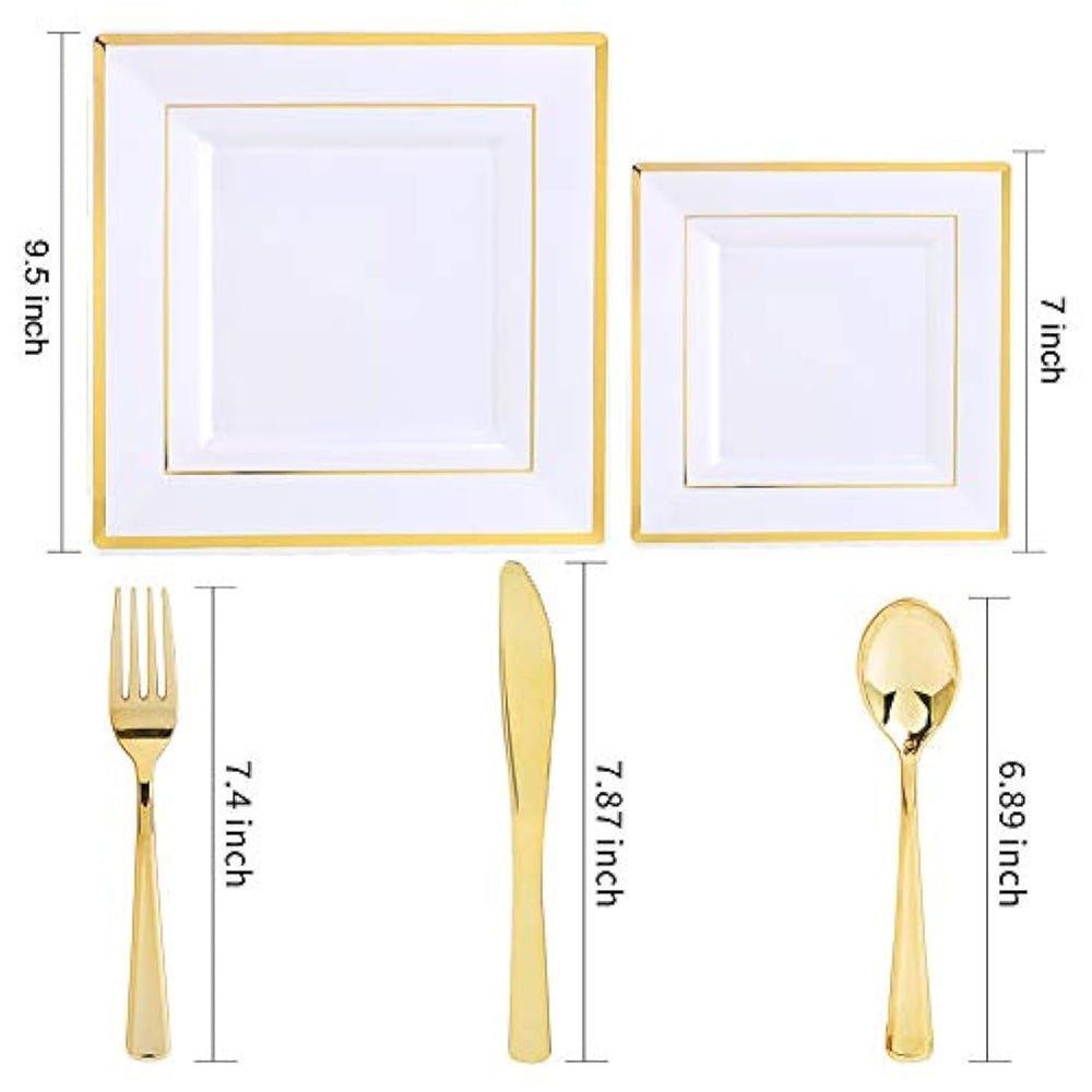 Platos de plástico dorados con cubiertos de plástico