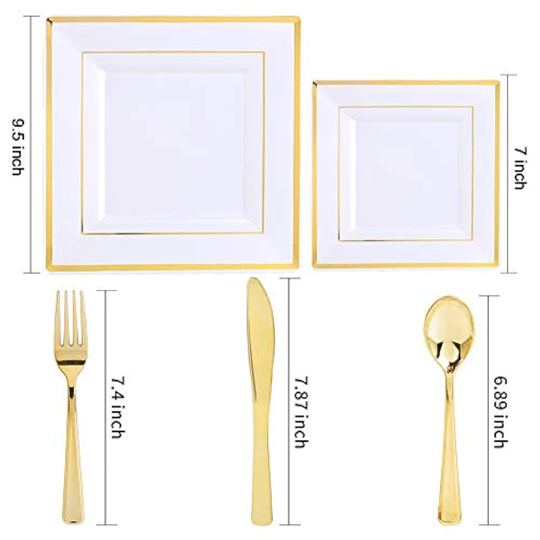 Platos de plástico dorados con cubiertos de plástico