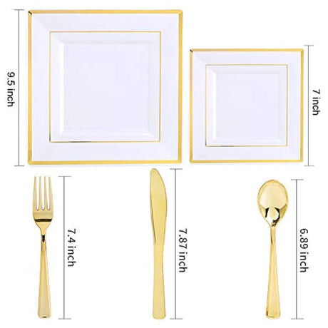 Platos de plástico dorados con cubiertos de plástico
