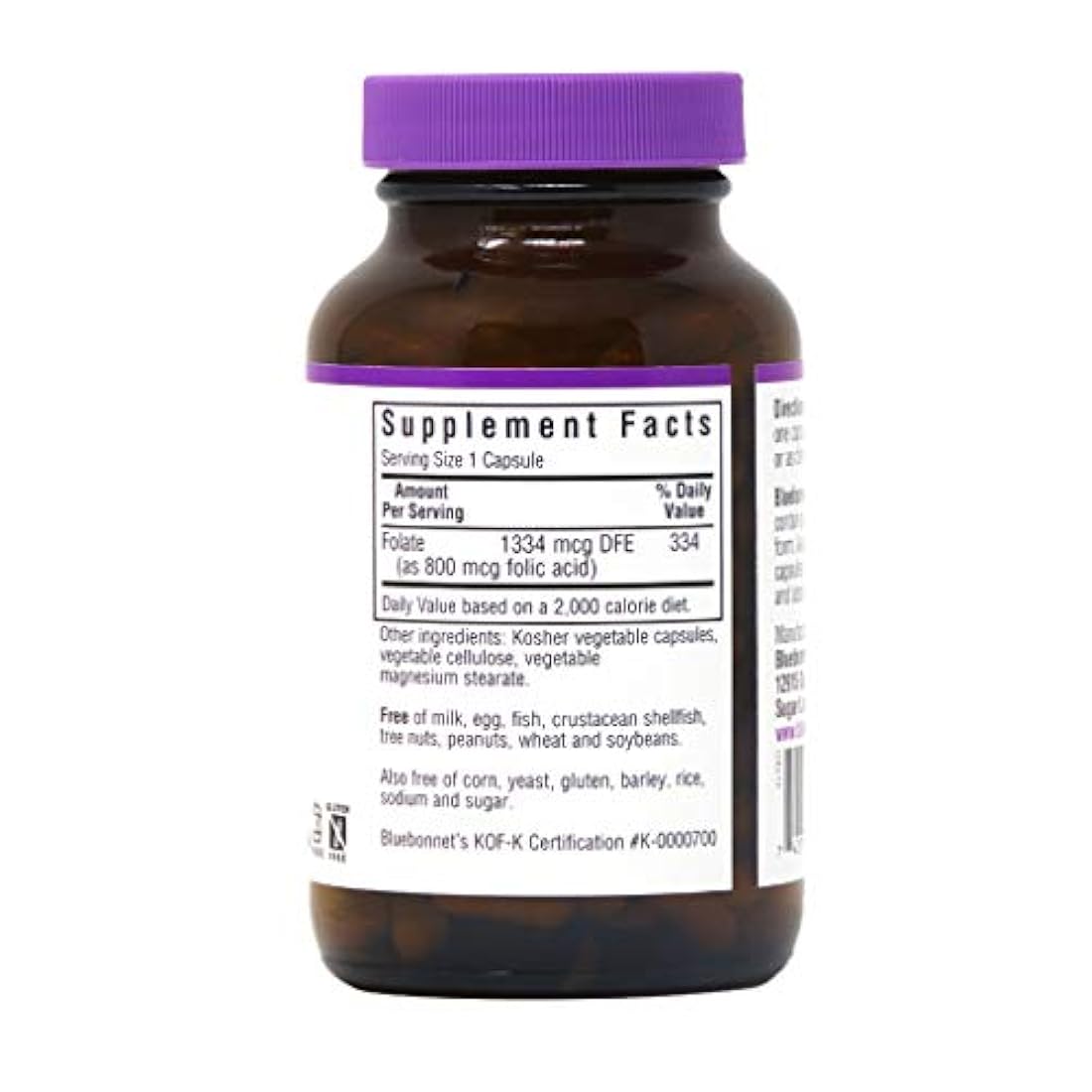 Bluebonnet Ácido fólico 800 mcg cápsulas vegetales, 180 unidades