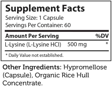 Suplemento L-lisina 500 mg de forma libre, Kosher 60 cáp