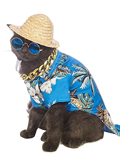 Impoosy 4 piezas de disfraz de perro para mascotas, camisa hawaiana de verano, gafas de sol y sombrero de paja divertido con collar de cadena dorada para perro pequeño