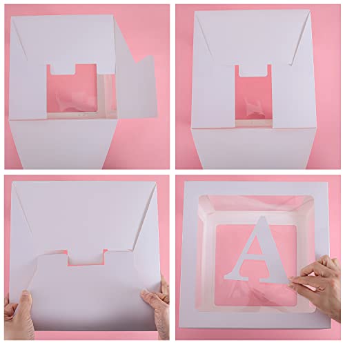 Sooyee Cajas de bebé con letras para baby shower, decoraciones de baby shower transparentes blancas, cajas de globos transparentes, telón de fondo, fiesta de cumpleaños, revelación de género, recuerdos reutilizables en caja de regalo, 4 bloques de bebé