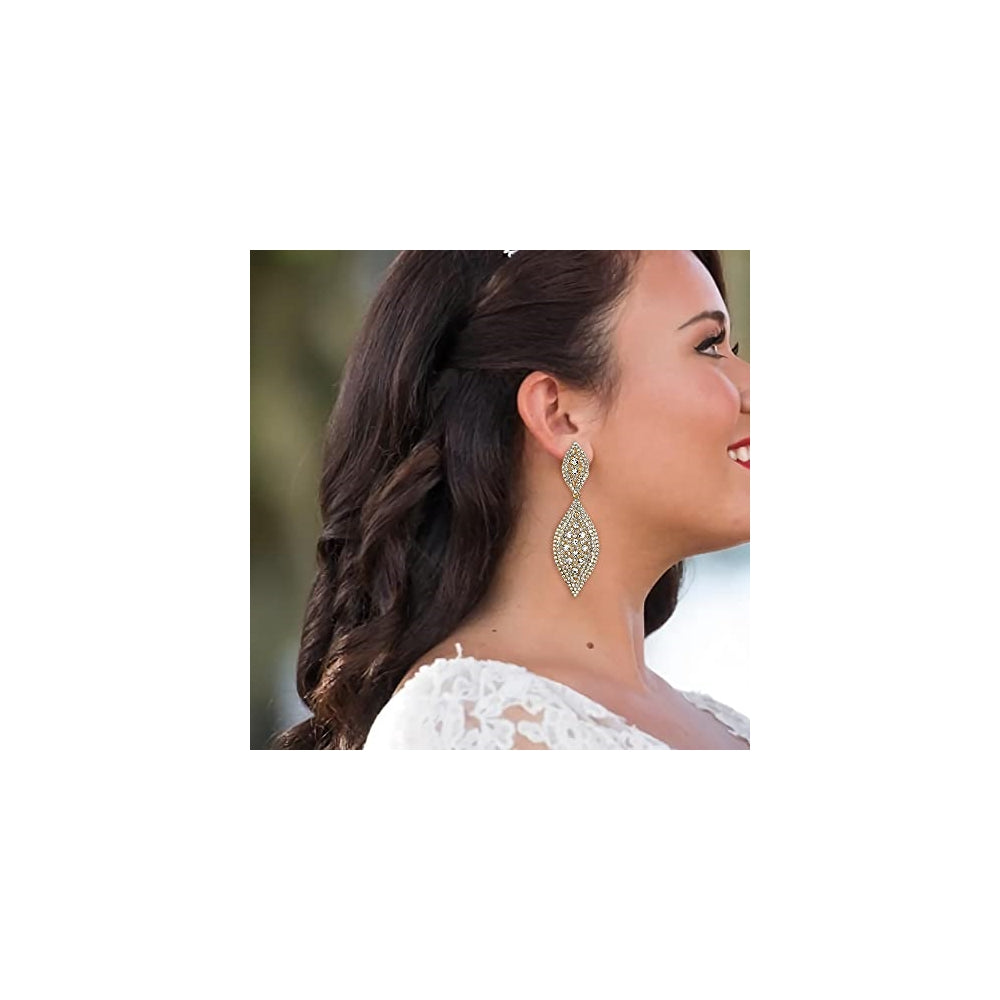 Aretes colgantes de 2 hojas con cristales de estrás dorado