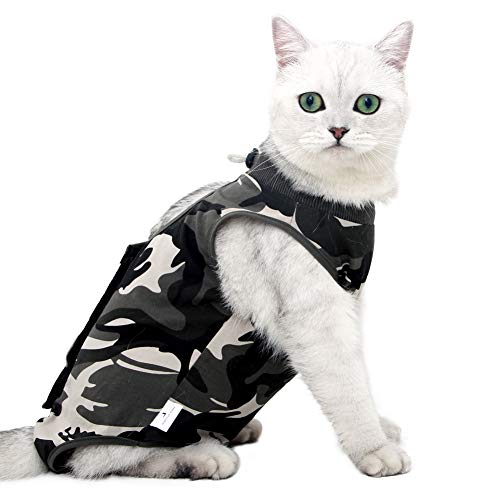 Gato traje de recuperación profesional para heridas abdominales o enfermedades de la piel, alternativa de cuello electrónico para gatos y perros, después de la cirugía, traje de pijama (pequeño, camuflaje)