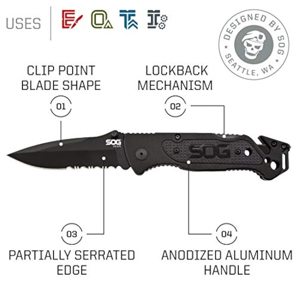 Cuchillo plegable corta correas y rompecristales integrados