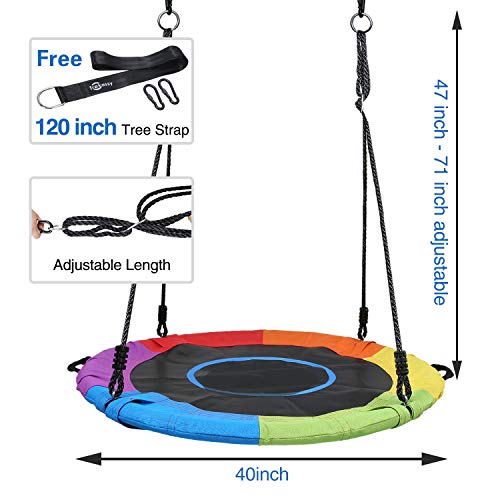 Trekassy 750lbs 40 pulgadas platillo árbol columpio para niños adultos Textilene resistente al desgaste con almohada, giratoria, 2 unidades de 10 pies para colgar árboles