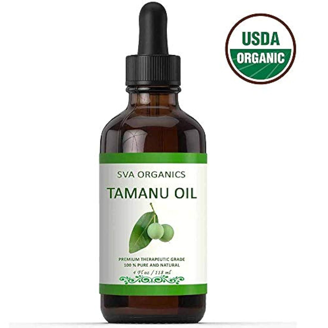 Aceite de tamanu orgánico certificado USDA prensado en frío 4 oz (118 ML) – 100% puro natural de grado premium por SVA Organics – sin refinar aromático, perfecto para la piel del cabello, la cara y la piel natural aceite tradicional