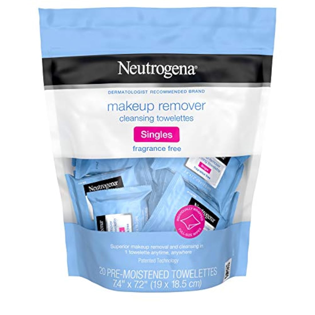 Neutrogena - Towelette de limpieza sin fragancias, toallitas de limpieza diarias envueltas individualmente para eliminar la suciedad, el aceite, el maquillaje y el rimel impermeable para viajes y en la marcha, 20 unidades (paquete de 6)