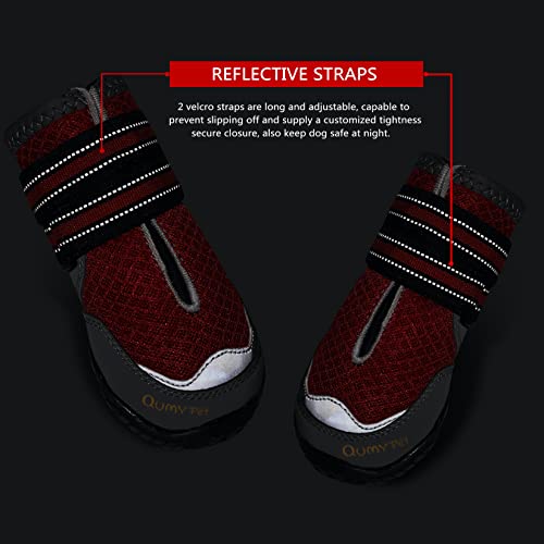 QUMY - 2 botas para perros para caminar en el pavimento caliente en el verano; botas resitentes al calor con malla respirable, antideslizantes y con líneas reflectantes (color rojo, talla 2)