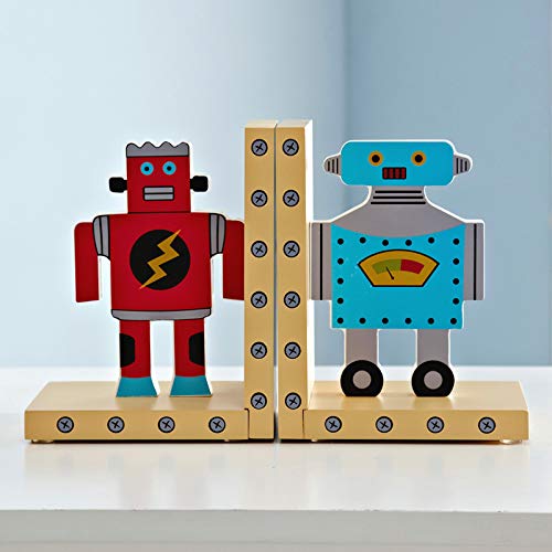 JHNIF un par de sujetalibros robots de madera rojo y azul