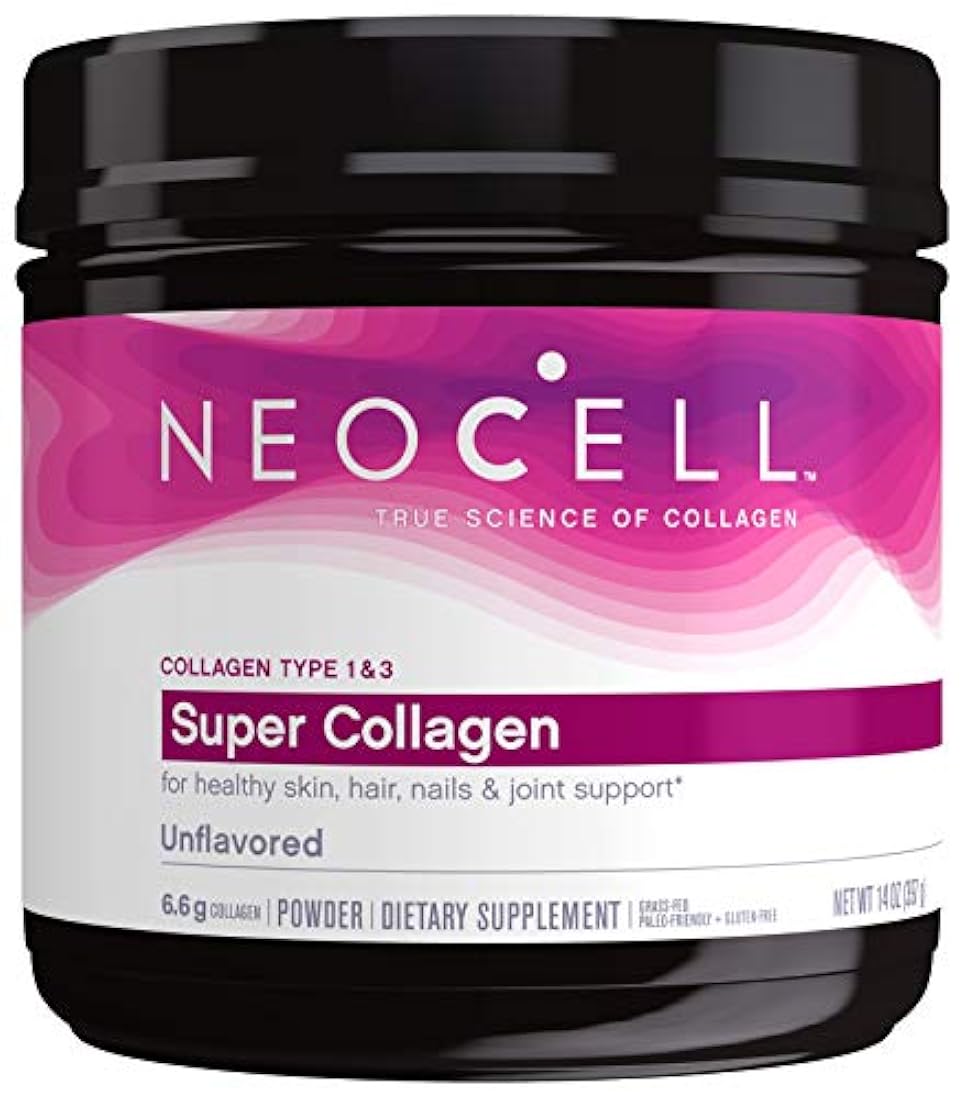 NeoCell Super Colágeno en polvo, 14 onzas, sin OGM, alimentación de hierba, Paleo, sin gluten, péptidos de colágeno tipos 1 y 3 para cabello, piel, uñas y articulaciones (embalaje puede variar), 60 porciones