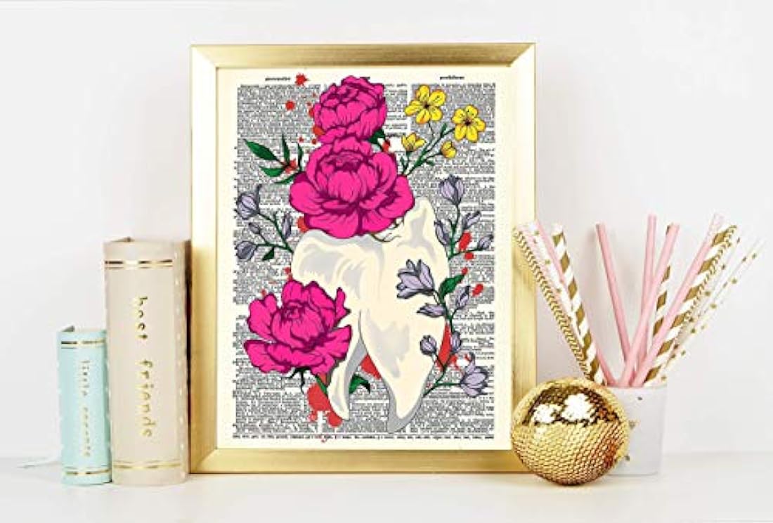 cartel de decoración de diente con flores sin marco