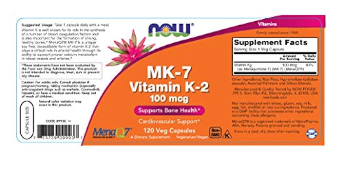 Now Suplementos, MK-7 Vitamina K-2 100 mcg, apoyo cardiovascular*, apoya la salud ósea*, 120 cápsulas de veg
