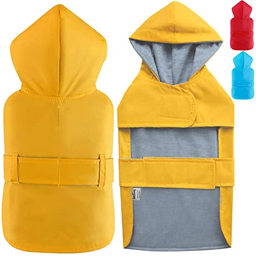 LeerKing Poncho impermeable para perros con forro de algodón, agujero para correa, chaqueta impermeable con capucha, 10 tamaños para perros pequeños, medianos y grandes, amarillo, XXS