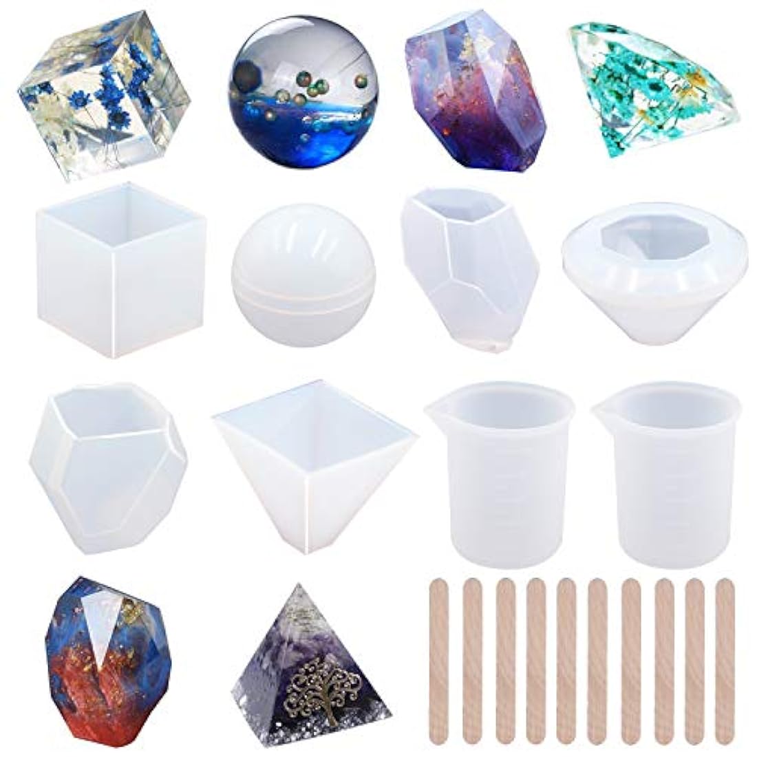 EuTengHao - Juego de 18 moldes de silicona para moldeo de resina, incluye 6 moldes de resina de fundición, moldes grandes de silicona transparente, 2 tazas de medición, 10 palos de madera para decoración del hogar
