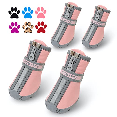 QUMY - Botas para perros pequeños y cachorros, impermeables, para la nieve del invierno, con franja reflectante, suaves y cómodas, con suela de goma antideslizante, color rosa, 4 unidades