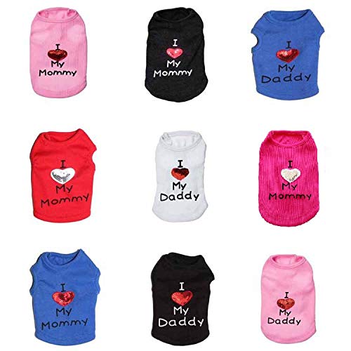 Ropa perro Camiseta para perro con texto “I Love My Mom/Mommy Dad/Daddy”, lindo chaleco con corazón para perros pequeños o cachorros