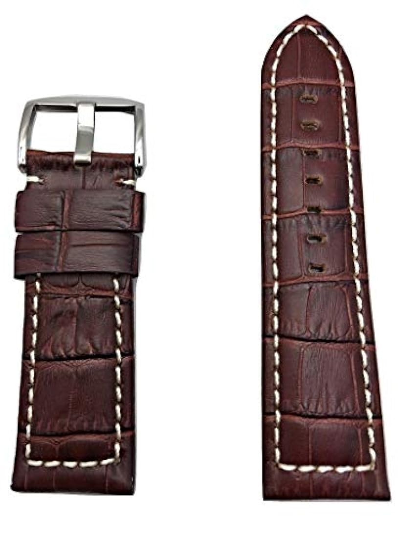 Panerai estilo de 26 mm, tamaño mediano, color café oscuro acolchado Alli Croco de piel granulada, color blanco Stitches Reloj de banda