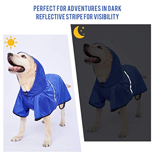 Chubasquero para perros con correa ajustable para el vientre y agujero para correa, sudadera con capucha con tira reflectante, impermeable, ligera, transpirable, poncho de lluvia para perros medianos y grandes, fácil de llevar