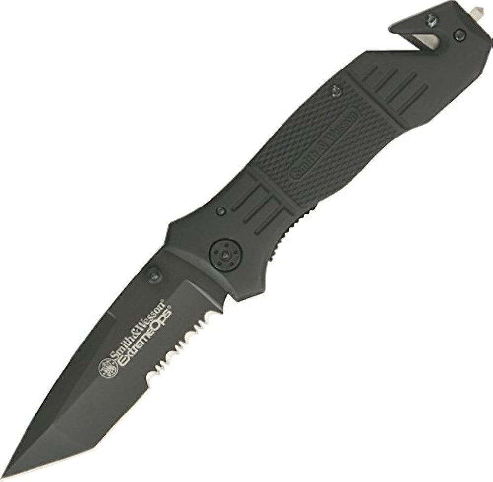 Cuchillo plegable, con traba, parcialmente aserrado