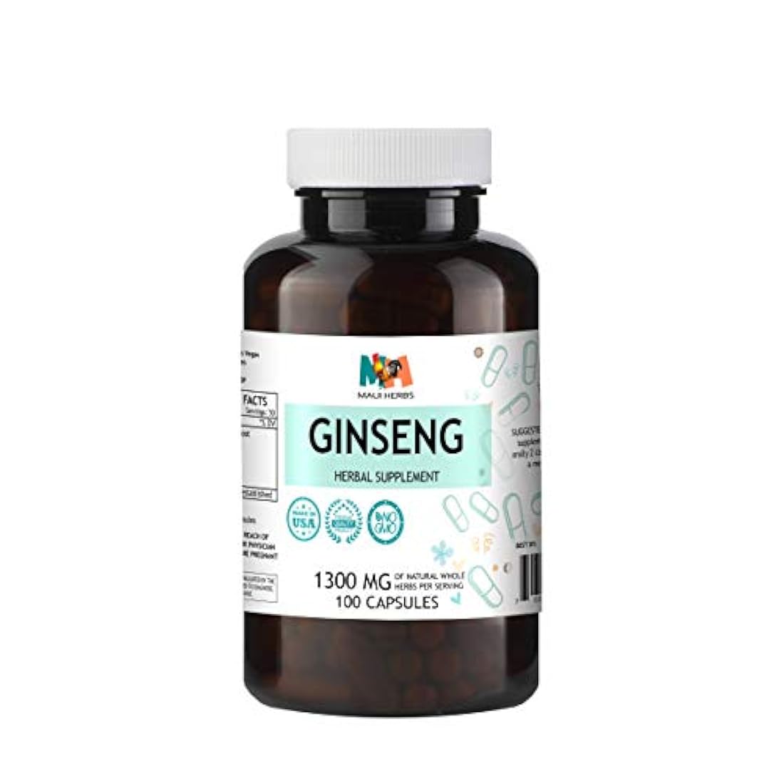 Ginseng 100 cápsulas, 1300 mg por porción, raíz de ginseng