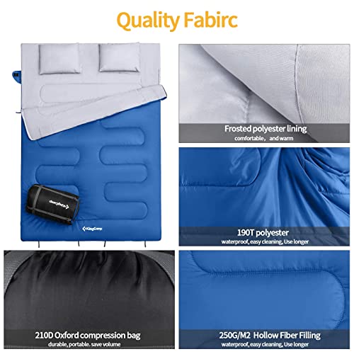 KingCamp Saco de dormir doble de 20 grados, saco de dormir para 2 personas, para adultos, pareja, familia, con almohadas, ligero, para acampar, senderismo, mochileros, exteriores, impermeable, 87 x 59 pulgadas