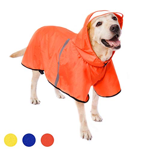 Impermeable para perros con correa ajustable para el vientre y agujero para correa, sudadera con capucha con tira reflectante, impermeable, ligero, transpirable, poncho de lluvia para perros medianos y grandes, fácil de usar, naranja, 3XL