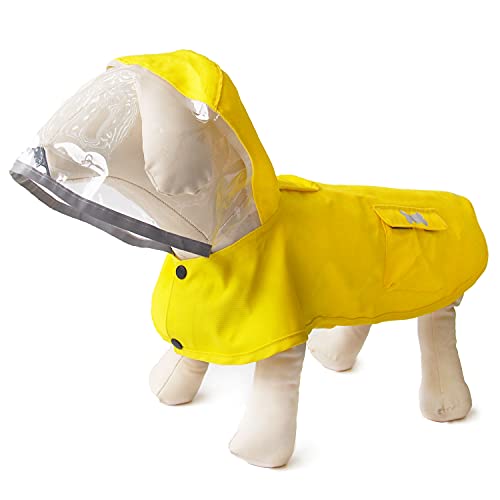 Impermeable impermeable para perros con poncho, chaqueta de lluvia ajustable amarilla con agujero para correa para perros pequeños, medianos y grandes (XS)