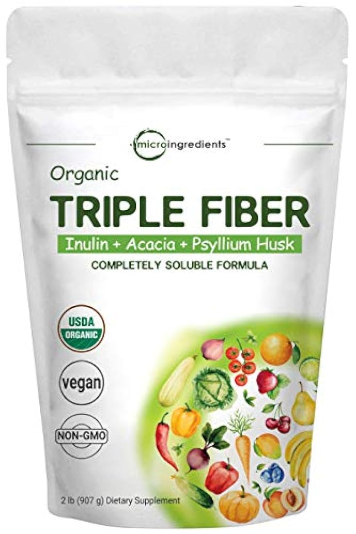 Suplemento orgánico triple de fibra dietética en polvo para la salud digestiva, 2 libras (32 onzas), todo natural, transparente, soluble en agua y libre de sabor, no transgénicos y veganos, 1