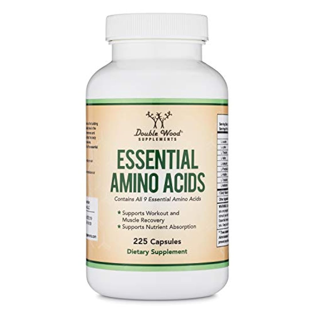 Essential Amino Acids - 1 Gram Per Serving Powder Blend of All 9 Essential Aminos (EAA) and all Branched-Chain Aminos (BCAAs) (Leucine, Isoleucine, Valine) 225 Capsules by Double Wood Supplements