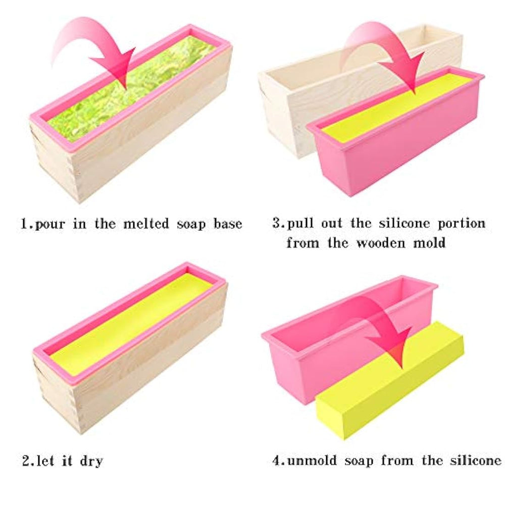 YGEOMER - Juego de 2 moldes rectangulares de silicona para hacer jabón, con cajas de madera, 2 cortadores y 100 bolsas de 3.9 x 5.9 in