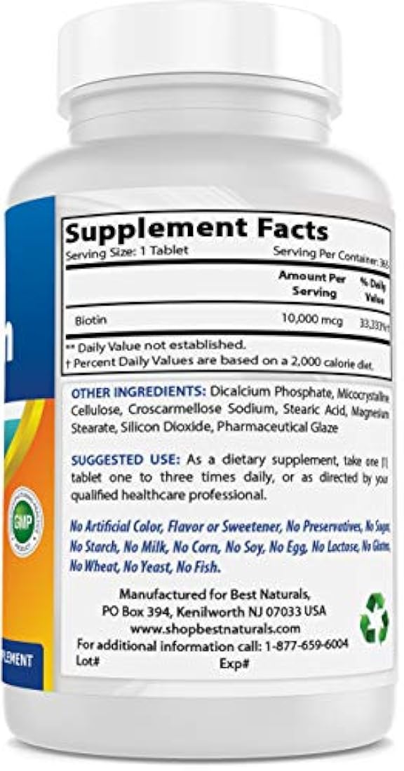 Best Naturals Biotina (también llamada vitamina B7), 10.000 mcg, 365 días de suministro (1 año de suministro), 365 tabletas