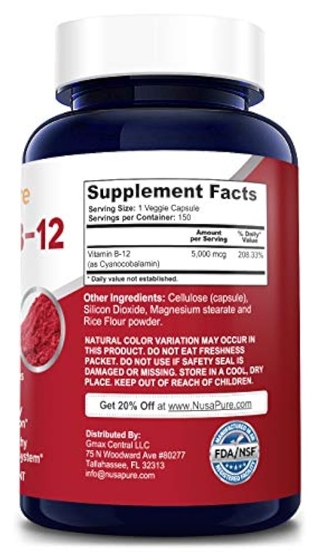 vitamina B12 – 5000 mcg 200 °Cápsulas (no OMG y sin Gluten