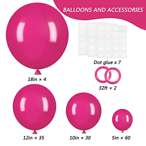 RUBFAC 129 globos de látex de color rosa intenso, diferentes tamaños, 18, 12, 10, 5 pulgadas, kit de globos de fiesta para cumpleaños, baby shower, boda, princesa, decoración de fiesta temática