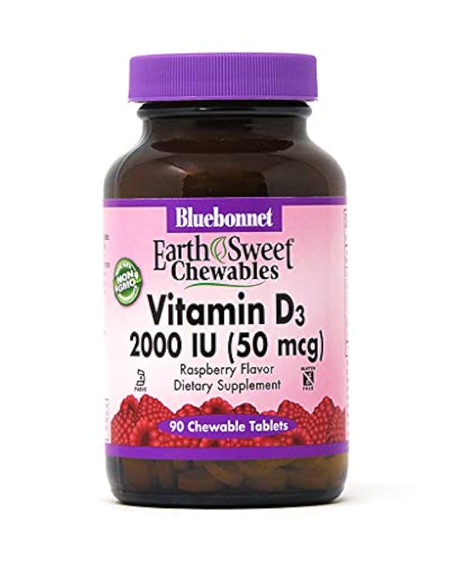Bluebonnet Nutrition Earth Sweet Vitamin D3 2000 IU Tabletas masticables, ayuda en el crecimiento muscular y esquelético, D3, sin OMG, gluten, libre, soja, sin leche, Kosher, 90 tabletas masticables, sabor frambuesa