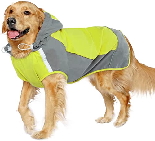 IECOii Chubasquero ajustable para perros con rayas reflectantes, abrigo de lluvia para perros con capucha, abrigo impermeable ligero para perros, impermeable para perros con calcomanía mágica, impermeable para mascotas para perros medianos y grandes