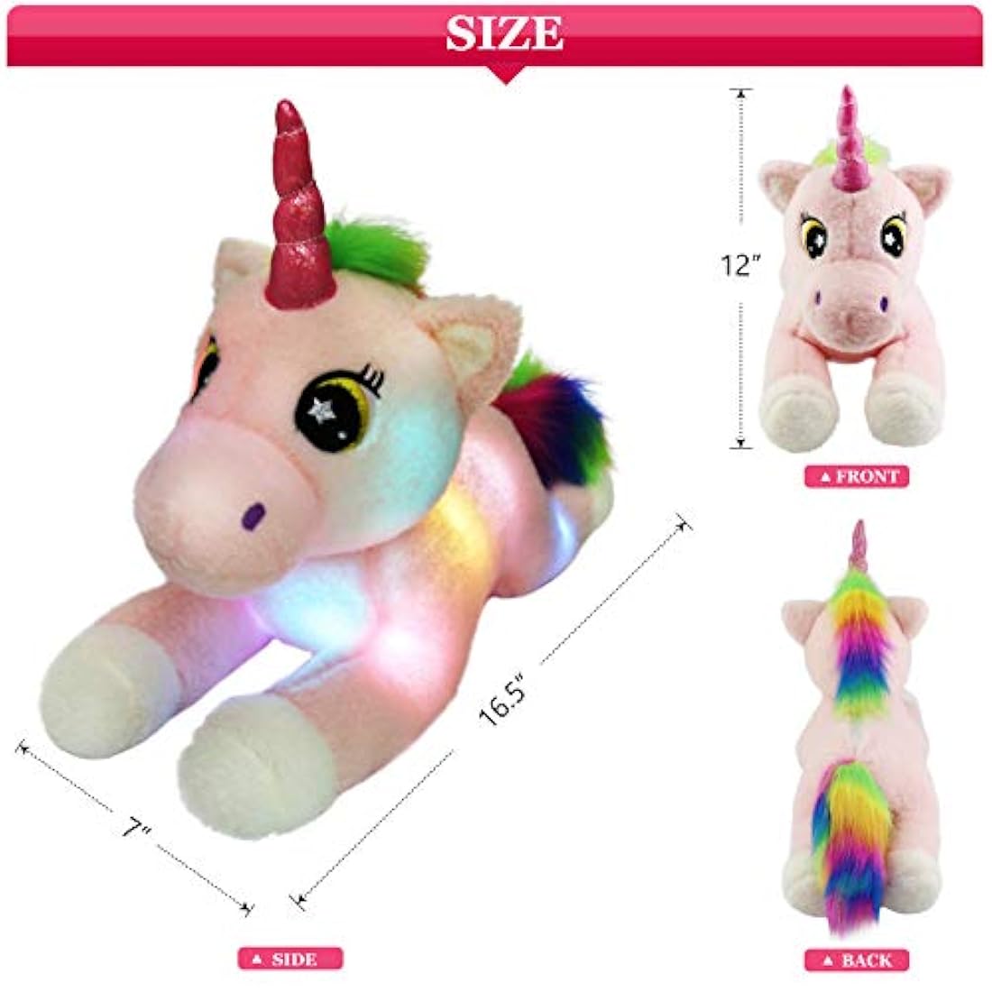 Unicornio de peluche con luces LED que brillan