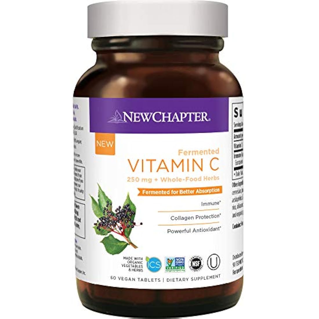 Vitamina C + Elderberry para inmunidad, nuevo capítulo, vitamina C fermentada, hierbas de alimentos enteros + protección de colágeno, un día a día, 100% vegetariano, sin gluten – 60 ct (suministro de 2 meses)